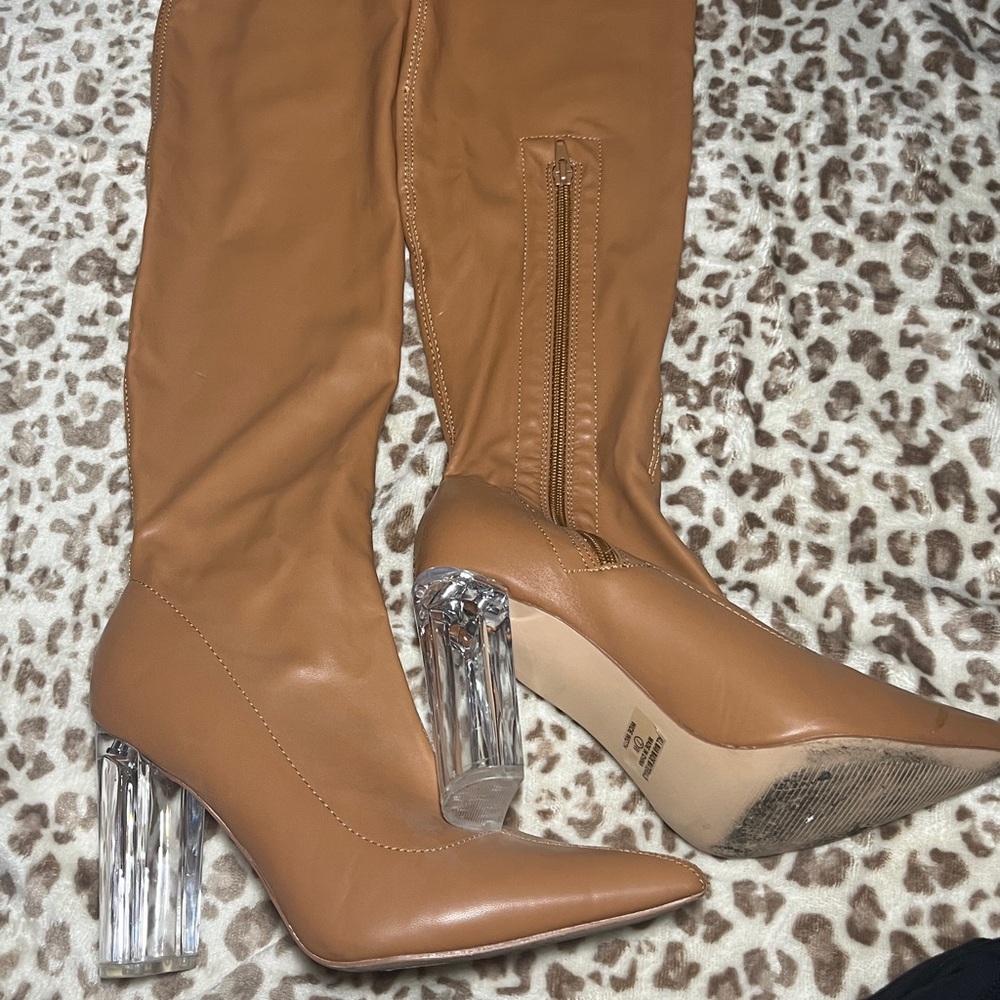 Stylish Tan Knee-High Boots with Clear Heels
